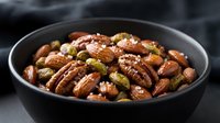 Mixed nuts and seeds in dark bowl with sea salt crystals for healthy snacking and gourmet cooking recipes.