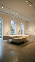 Modern art gallery interior with wooden display platforms and track lighting showcasing contemporary exhibition space with arched windows.