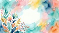 Watercolor floral composition with soft pastel washes in turquoise, pink, yellow and orange tones, featuring botanical elements and blooming flowers on isolated white background for design projects.