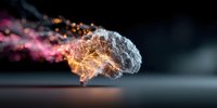Glowing human brain with colorful energy particles trailing behind on dark background, concept of mind power and cognitive function.
