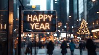 Glowing neon Happy Year sign against blurred urban cityscape with festive lights and silhouettes of people walking on evening street during winter holiday season.