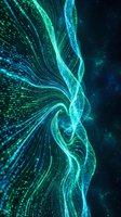 Digital wave of glowing cyan and green particles flowing through dark space, creating abstract swirling patterns. Suitable for technology, data visualization, and digital transformation concepts.