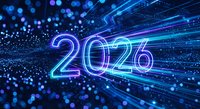 Glowing neon 2026 numbers with futuristic digital light trails and bokeh effects on dark blue background for New Year celebration and technology concepts.