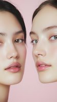 Two young women with natural makeup and glowing skin on pink background showcasing skincare and beauty routine for cosmetic advertising and wellness campaigns.