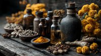 Rustic arrangement of vintage apothecary bottles, dried yellow flowers, spices, and herbs on weathered wooden surface for natural medicine or aromatherapy.