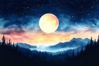 Full moon rising over misty mountain peaks and pine forest silhouettes against dramatic sunset sky with stars and clouds in watercolor style.