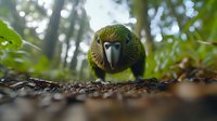Curious green kakapo parrot on forest floor, close-up view of endangered New Zealand native bird looking directly at camera among fallen leaves in natural habitat.