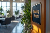 Meeting room sign on wooden door with blurred modern office interior, green plants and natural daylight in background. Professional business environment.