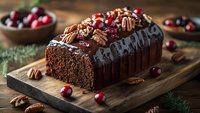 Chocolate loaf cake decorated with pecan nuts and fresh cranberries on wooden board. Dark chocolate ganache drizzle and rustic holiday styling for festive baking.