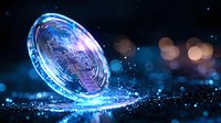 Glowing cryptocurrency coin with digital circuit pattern falling on dark surface with blue bokeh lights and sparkles creating magical atmosphere.
