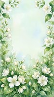 Watercolor floral frame with white jasmine flowers and green leaves on soft background for wedding invitations, greeting cards and botanical designs.