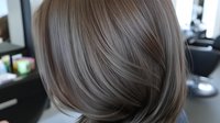 Young woman with trendy ash brown hair styled in modern layered cut showcasing professional salon coloring technique and smooth, glossy finish. For beauty and hair care marketing.