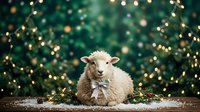 Young white lamb resting on ground with festive golden bokeh lights and evergreen foliage background, suitable for holiday greeting cards and seasonal marketing materials.
