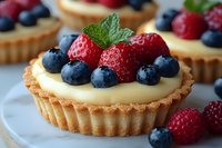 Fresh berry tartlets with vanilla custard filling topped with strawberries, blueberries, raspberries and mint leaves on white plate, close up view of delicious pastry.