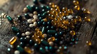 Colorful medical supplements and vitamin pills scattered on dark wooden surface, macro photography with selective focus showing pharmaceutical capsules.