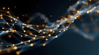 Abstract network connections with glowing nodes and flowing lines on dark blue background for technology and digital communication concepts.
