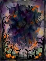 Spooky Halloween watercolor frame with pumpkins, bats, ghosts, cemetery gate, and bare trees on dark purple background with copy space.