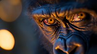 Close-up portrait of gorilla face with amber eyes reflecting golden light, dramatic lighting creates mysterious mood against dark background, bokeh effects add depth.
