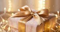 Elegant gift box with golden ribbon bow surrounded by warm bokeh lights creating festive holiday atmosphere for celebrations and special occasions.
