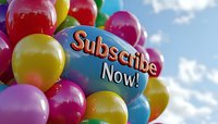 Colorful balloons frame social media call-to-action text against blue sky background, featuring vibrant red, yellow, pink and blue latex balloons with subscribe message.