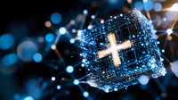 Glowing digital plus sign inside futuristic cube structure with connected dots and lines on dark background with bokeh effect, representing healthcare technology.