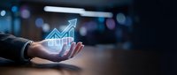 Businessman hand holding glowing growth chart with upward arrow, representing financial success, business growth, and investment returns in modern corporate environment.