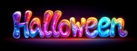 Glowing multicolored neon Halloween text sign with vibrant gradient effect on dark background, luminous letters creating festive holiday atmosphere.
