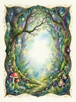Enchanted forest frame with magical trees, mushrooms, ferns and glowing lights creating mystical woodland border for fairy tale designs and fantasy artwork.