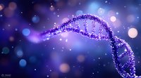 Glowing DNA strand with sparkles on purple background, genetic research concept with bokeh lights and molecular structure for science and medicine.