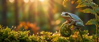 Small green tree frog perched on moss-covered branch in golden sunlight filtering through forest foliage creating magical woodland atmosphere.