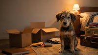 Mixed breed dog with brown coat sitting among cardboard moving boxes in bedroom with warm lamp lighting, relocation and pet moving concept.