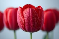 Red tulips with water droplets on petals creating romantic spring garden atmosphere for seasonal decorations and floral arrangements.