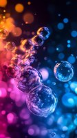 Transparent soap bubbles floating against vibrant pink and blue bokeh background, creating dreamy atmospheric effect for cosmetic or celebration designs.