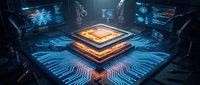 Futuristic AI processor chip glowing with energy on a circuit board platform, surrounded by robotic arms and digital screens in a dark lab.