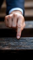 Close-up of finger pointing at dark wooden surface with shallow depth of field, demonstrating choice, decision or blame concept for business and psychology.