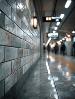 Modern subway station corridor with tiled wall and blurred commuters walking in urban underground tunnel with fluorescent lighting and reflective floor.