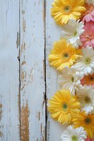 Yellow and white gerbera daisies arranged on rustic white wooden background with peeling paint, creating romantic spring border composition.