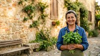 Mature woman with gray hair wearing blue shirt and apron holding fresh herbs in front of rustic stone building with climbing ivy, gardening and sustainable living concept.