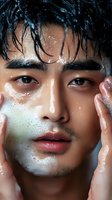 Close male model with wet hair and foam on face during skincare routine, showing glowing complexion and natural beauty.