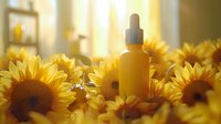 Essential oil amber glass dropper bottle surrounded by bright sunflowers in warm sunlight, wellness and natural aromatherapy concept for spa and beauty products.