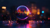 Glowing city skyline reflected in floating crystal sphere with vibrant purple and orange bokeh lights creating magical nighttime atmosphere. Perfect for fantasy designs.