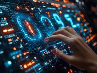 Female hand touching futuristic digital interface with glowing blue numbers and orange light effects against dark background, representing data analytics and technology.