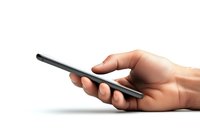 Hand holding modern smartphone device against white background, demonstrating typical texting or browsing position from side view angle.