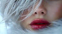 Sensual close up of red lips and platinum blonde hair creating dreamy romantic mood with soft focus and cool blue tones for beauty and fashion concepts.