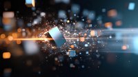 Glowing cubes and particles floating in dark space with light streaks and bokeh effects create dynamic motion and energy for technology backgrounds.
