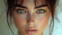 Young Caucasian woman with striking green eyes and natural freckles in soft portrait lighting for beauty and skincare concepts.