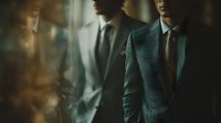 Businessmen in formal suits with reflections in glass, creating atmospheric corporate portrait with moody lighting and shallow depth of field.