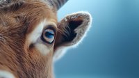 Close-up macro shot of brown cow eye and ear against blurred blue background, showing intricate details of eyelashes and fur texture in agricultural setting.