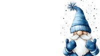 Watercolor winter gnome with blue hat and mittens on white background, isolated holiday character for seasonal greeting cards and festive decorations.