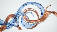 Blue and copper liquid streams intertwining in dynamic spiral motion creating elegant flowing waves against white background for modern design projects.